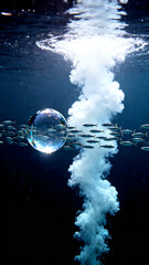 School of fish swims around a large bubble with rising underwater air bubbles