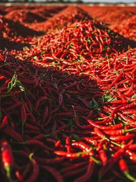 Vibrant Red Chilies Harvested in a Lush Field