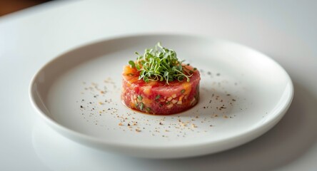 Colorful Ahi Tuna Tartar served with microgreens on a modern plate