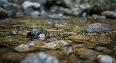 Clear stream water running softly across a scatter of stones and pebbles evoking a tranquil outdoor mood