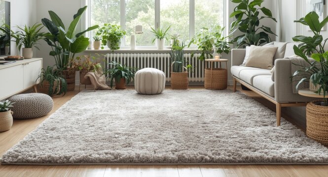 Comfort-focused Nordic living area with stylish carpet and lively plants