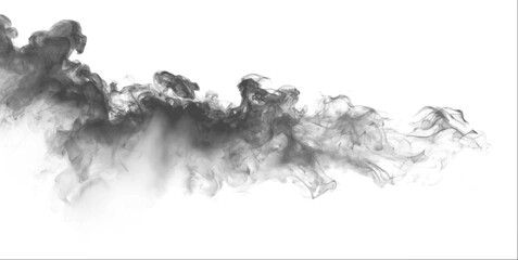 Grey smoke curls in soft layers, blending with mist and vapor. Steam rises, smoky fire burning flame glimmers. Realistic atmospheric phenomena unfold around cloud and fog. PNG vector. © Mirotvoric