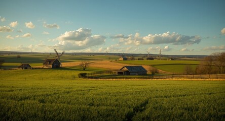 Fototapeta premium Extensive farmland with green pastures, rustic homes, and several windmills on farmland