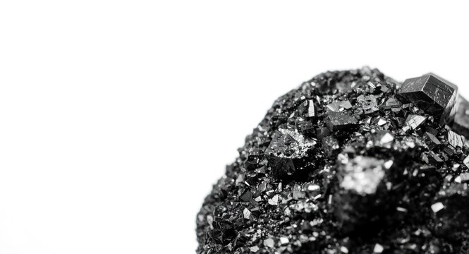 Close shot of magnetite mineral featuring metallic luster and crystal details on white plain background