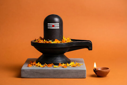 Mahadev shivling minimal devotional setup with marigold petals oil lamp clean background spiritual worship composition for mahadev maha shivratri