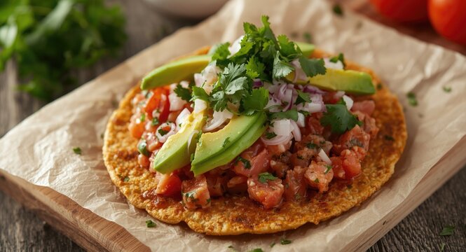 Crispy tostada loaded with fresh tuna, avocado slices, and a cilantro and onion mix