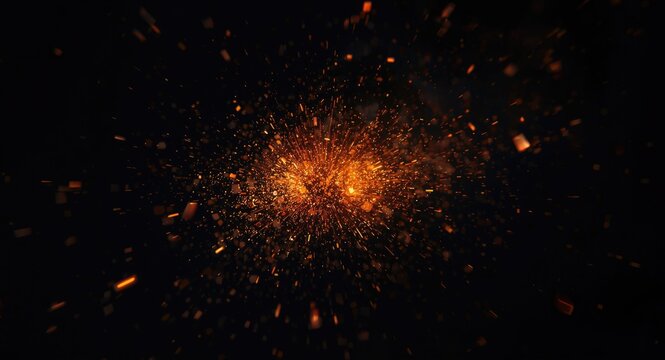 Extreme close up of bright sparks and fiery debris with classic film noise overlay on black backdrop