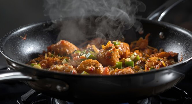 Cooking preparation on silver pan with black Teflon coating