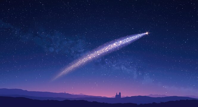 Cartoon depiction of Halley s Comet with sparkling cosmic dust in a starry night