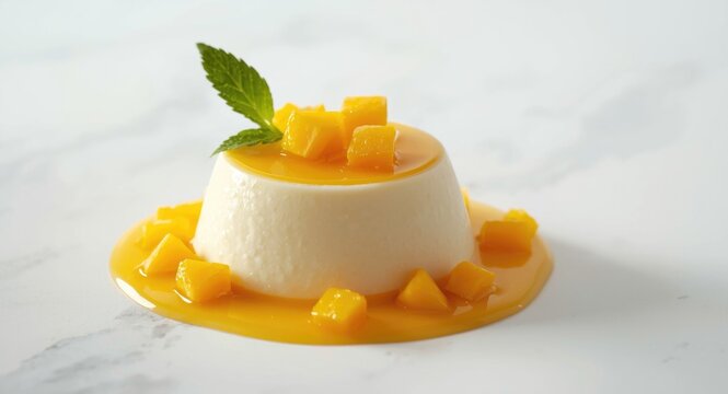 Classic Italian panna cotta dessert topped by mango jelly and fresh diced mango on white backdrop with copy space