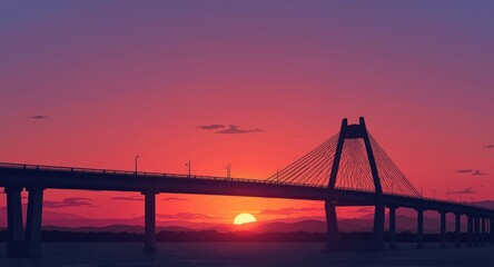Fototapeta premium animated style sunset view highlighting a prominent bridge structure