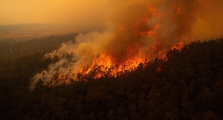 Fototapeta premium Forest fire progression tracked by fire service using aerial camera during crisis
