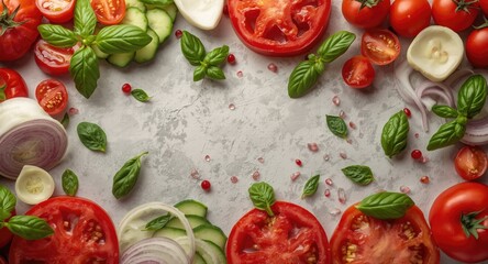 Banner design showcasing flat lay of tomato onion cucumber slices and basil leaves