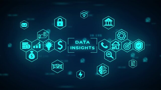 Digital network of interconnected technology and financial including money coins handshake lightbulb lock bank building house target and AI brain on a dark blue gradient background with subtle