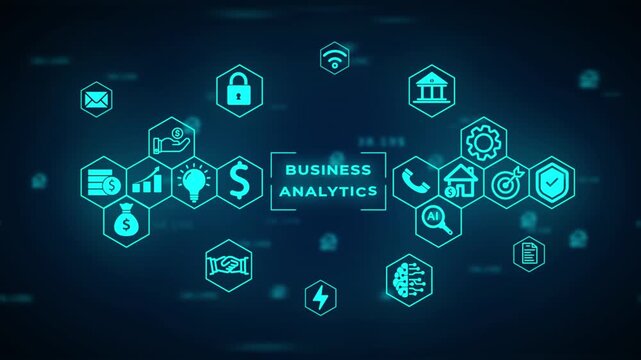 Digital network of interconnected technology and financial including money coins handshake lightbulb lock bank building house target and AI brain on a dark blue gradient background with subtle