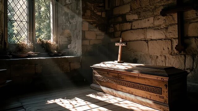 Coffin with cross on top inside church.