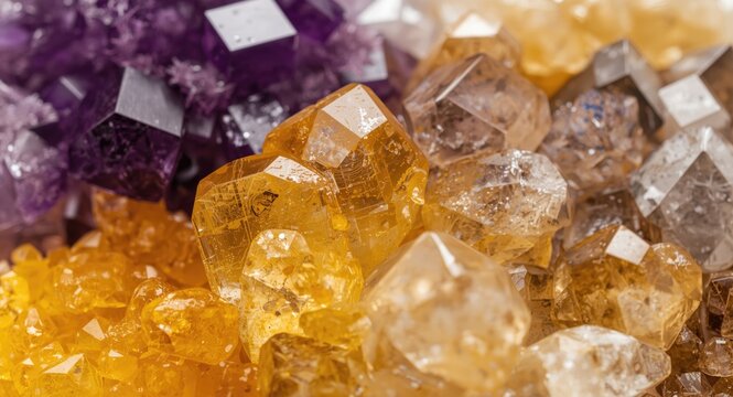 Color-rich natural crystal clusters of amethyst and citrine displaying intricate surface details copy space