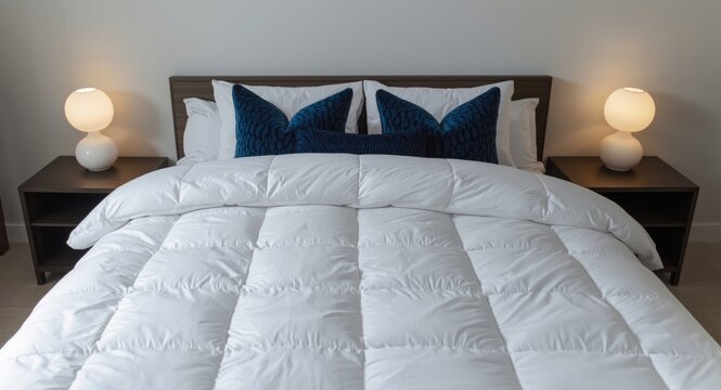 Inviting modern bedroom showcasing white lined duvet quilt and black blue accent pillows with dark wood bedside tables and round white lamps