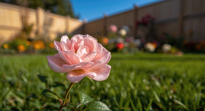 Focus on a pink Rosa centifolia rose featuring glistening drops in a vibrant garden lawn