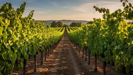 Obraz premium Vineyard rows at sunset in rural countryside landscape