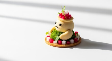 Fototapeta premium Whimsical dessert creation shaped like a cute character, artfully arranged with colorful fruits and greens.