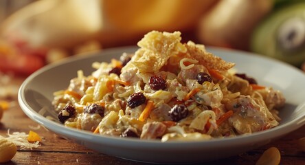 Creamy Brazilian chicken salad with raisins carrots and crunchy potato stick garnish