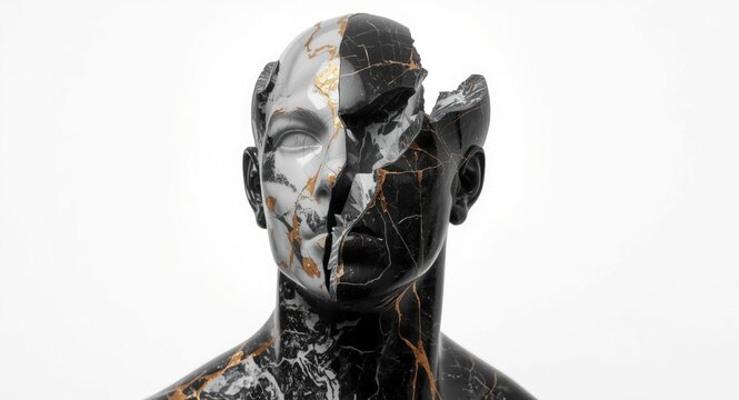 Isolated white background with a stylized broken male marble bust in gold black and white colors