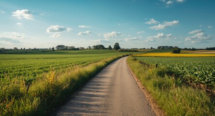 Bright rural pathway winding through fertile summer crop areas