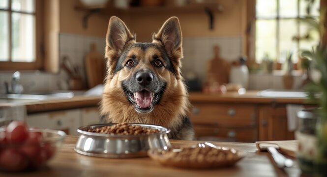 Cheerful German Shepherd patiently watching healthy homemade dog food being prepared in cozy kitchen setting