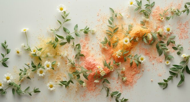Delicate green leaves and false daisy powder artfully arranged on white backdrop