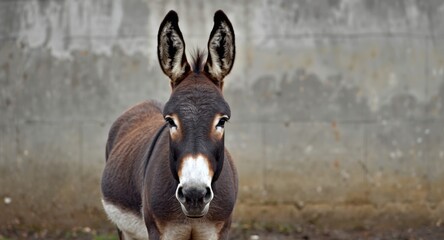 Donkey with tall ears standing behind enclosure wall