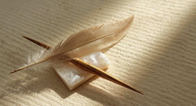 Fine feather and paintbrush resting side by side on a square button