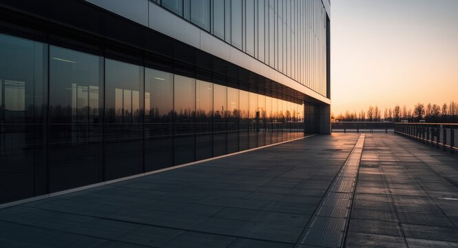 Dawn scene of modern building facade and empty cement floor with steel paving