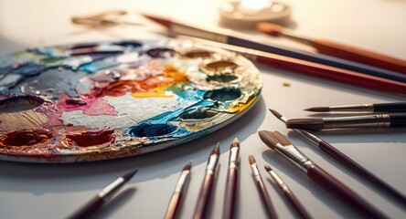 Obraz premium Artistâ€™s vibrant oil paint palette with brushes on a clean white backdrop