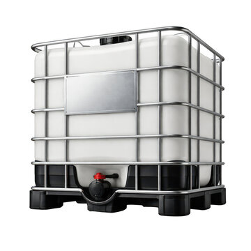 Industrial IBC tote tank for liquid storage, white plastic intermediate bulk container with metal cage and pallet base, heavy duty chemical transport vessel, large scale fluid logistics unit.