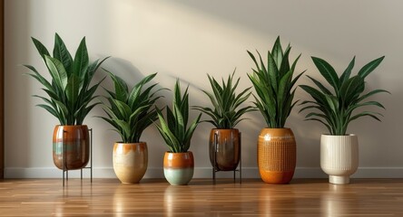 Fototapeta premium Contemporary home and office decor featuring yearlong use of lifelike artificial plants in modern stylish pots