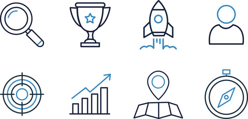 Startup Business Growth Duotone Outline Icons Set Featuring Search, Achievement, Rocket Launch, User Profile, Analytics, Target, Map and Compass.