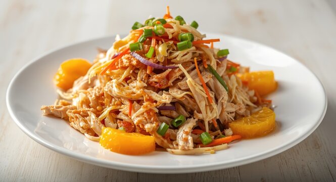 Chinese chicken salad with shredded chicken and mandarin oranges topped with crispy noodles and fresh vegetables