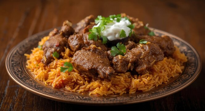 Authentic Indian biryani showcasing marinated goat meat with spices slowly cooked with rice