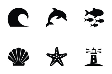 Fototapeta premium Ocean and Sea Life Icons: Wave, Dolphin, Fish, Seashell