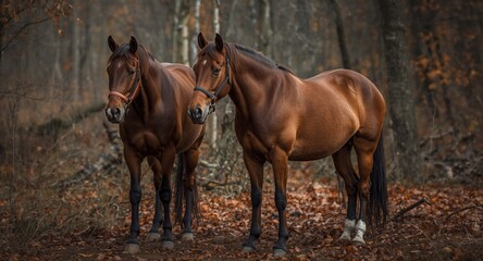Obraz premium Autumn outdoor setting featuring brown bridled horses in a natural leafy environment