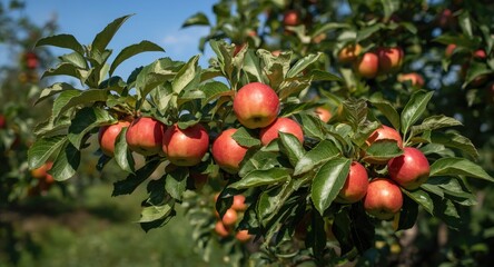 Obraz premium Branches heavy with juicy red apples in a healthy orchard setting