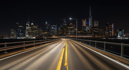 Obraz premium Illuminated asphalt road running alongside modern city skyline at night