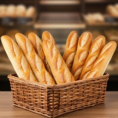 Wicker basket filled with fresh baked French baguettes.