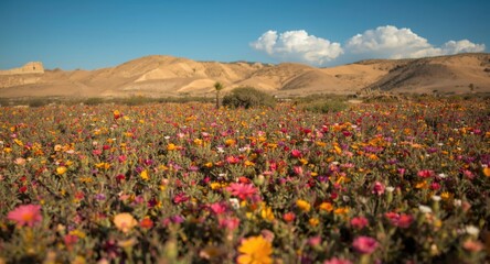 Fototapeta premium Extensive field of flowering plants thriving in the dry desert climate