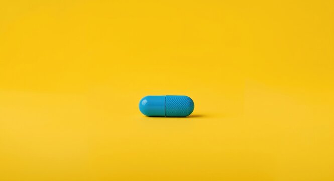Detailed blue capsule pill on yellow flat surface with room for text