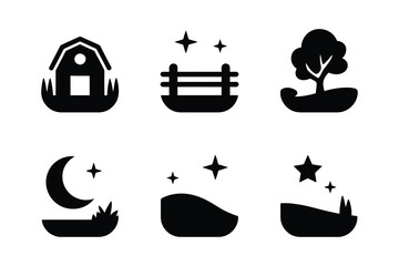 Fototapeta premium Farm icons: barn, fence, tree, night sky, landscape