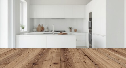 clean minimalist kitchen interior with white architecture wooden island and close up of antique wood tabletop