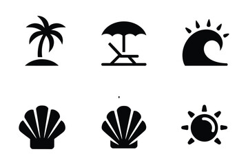 Obraz premium Beach icons: palm tree, umbrella, wave, shell, sun