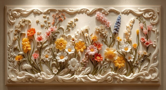 Decorative home wall art with botanical gypsum bas relief featuring vibrant wildflowers